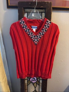 Pendleton Red V-Neck Ribbed Sweater Vest with Black & White Trim